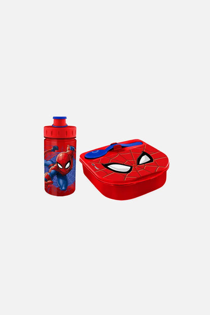  SET DE PORTA, CUBIERTO Y BOTELLA SPIDER-MAN ROJO Y AZUL