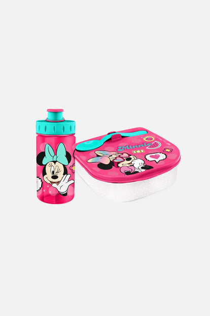  SET DE PORTA, CUBIERTO Y BOTELLA ROSADO Y AZUL DE MINNIE MOUSE