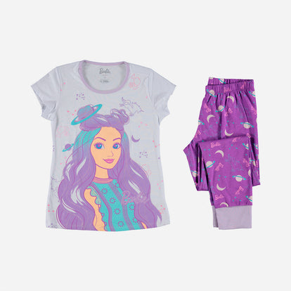  PIJAMA DE BARBIE CON PANTALON LARGO BLANCO Y MORADO PARA NIÑA