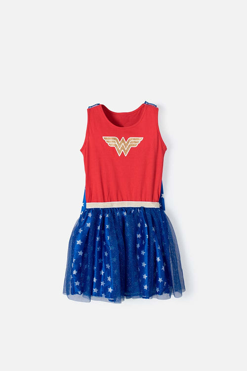 Card slide image -  VESTIDO DE WONDER WOMAN CON CAPA DE ESTRELLAS REMOVIBLE PARA NIÑA