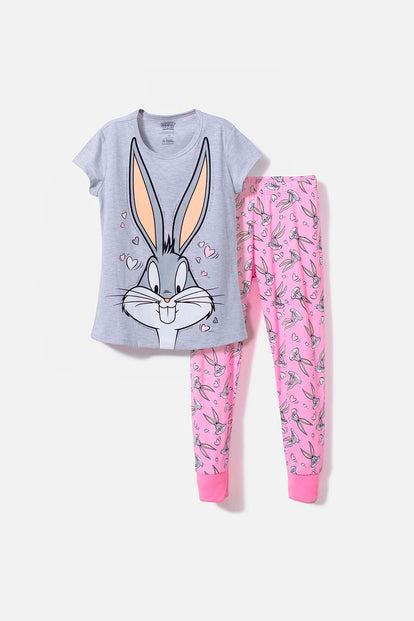  PIJAMA DE BUGS BUNNY ESTAMPADA GRIS Y ROSADA PARA NIÑA