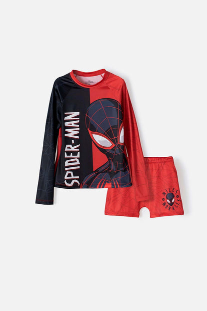  CONJUNTO DE BAÑO SPIDER-MAN ROJO Y NEGRO MANGA LARGA PARA NIÑO