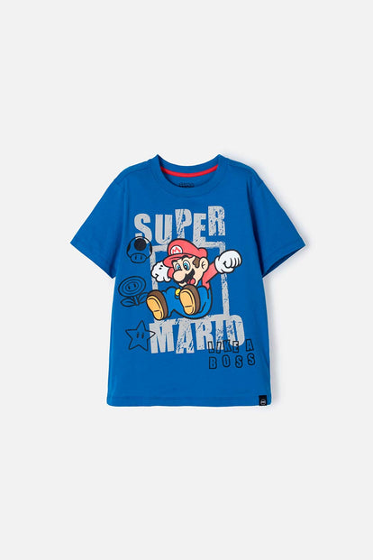  CAMISETA DE MARIO BROSS AZUL ESTAMPADA EN FRENTE PARA NIÑO