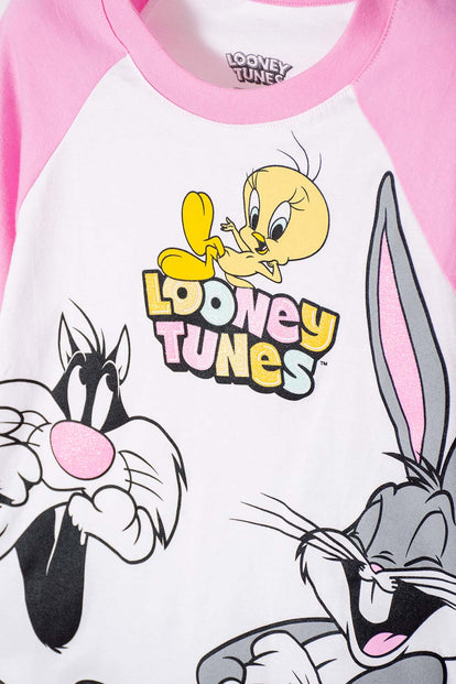  CAMISETA DE LOONEY TUNES MANGA CORTA BLANCO Y ROSADO PARA NIÑA