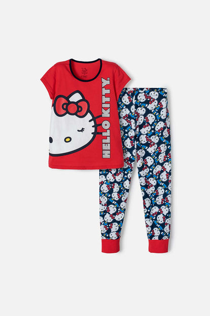  PIJAMA DE HELLO KITTY ROJA Y AZUL DE PANTALÓN LARGO PARA NIÑA