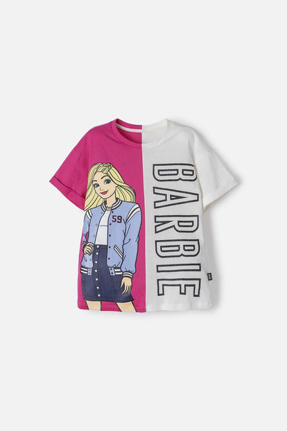  CAMISETA DE BARBIE MANGA CORTA FUCSIA Y MARFIL PARA NIÑA