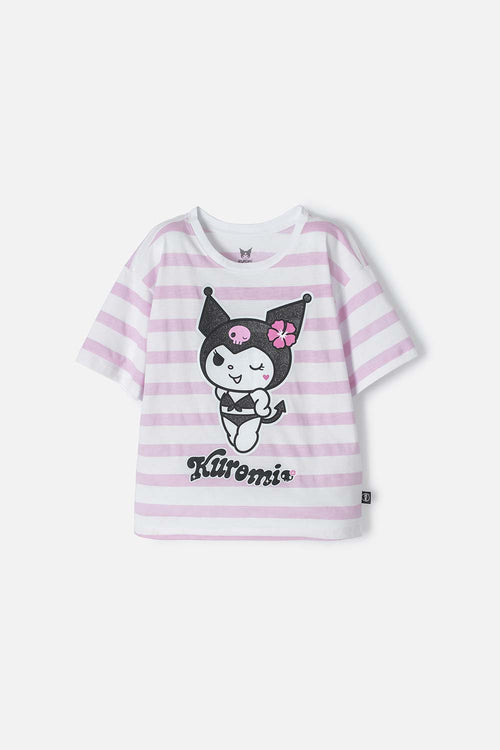 Card slide image -  CAMISETA DE KUROMI ROSADA Y BLANCA CON DISEÑO A RAYAS PARA NIÑA