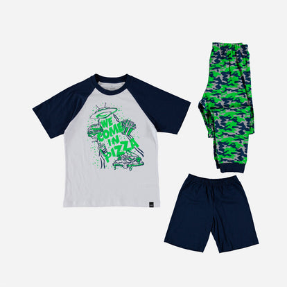  PIJAMA DE MIC CON PANTALÓN LARGO Y CORTO VERDE Y AZUL PARA NIÑO