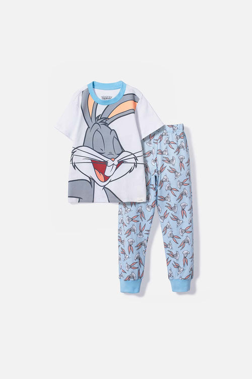 Card slide image -  PIJAMA DE BUGS BUNNY BLANCA Y AZUL CLARO MANGA CORTA PARA CAMINADOR UNISEX