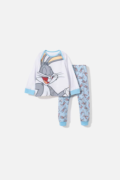 Card slide image -  PIJAMA DE BUGS BUNNY MANGA LARGA BLANCA Y AZUL CLARO PARA BEBÉ UNISEX