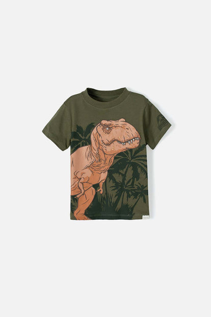  CAMISETA DE JURASSIC MANGA CORTA VERDE MILITAR PARA NIÑO 2T A 5T